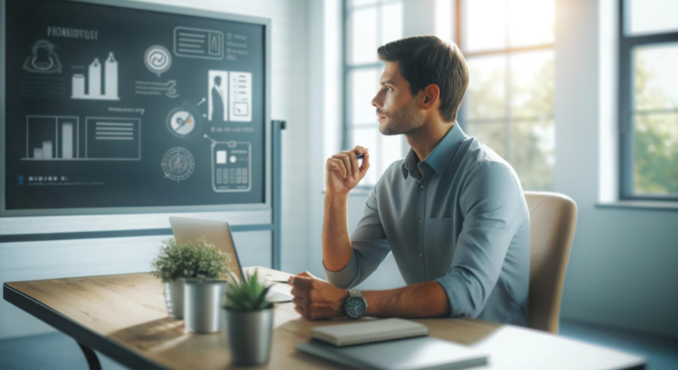 A marketing leader analyzing the marketing framework on a whiteboard, illustrating the critical role of strategic frameworks in effective marketing leadership.