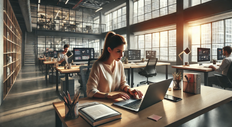 A young female content marketer seated at her desk in a modern tech company office, deeply focused on creating a marketing plan. The office is sleek and minimalist, with large windows allowing natural light to flood the room.